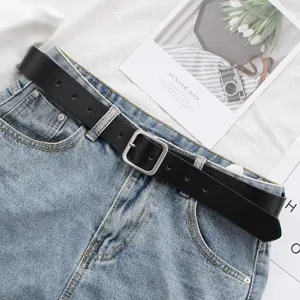 Classic black women leather belt with square pin buckle, retro vintage style for jeans.