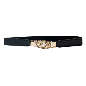Women Fashion Elastic Waist Cinch Belt Metal Chain Buckle Dress Decorative Waistband Versatile Accessory