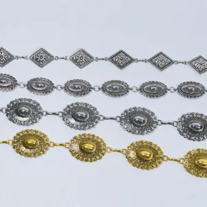 Vintage Metal Waist Chain For Women Ethnic Carved Oval Concho Belt Adjustable Body Chain Dress Pants Fashion Jewelry