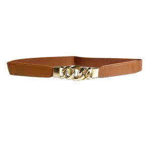 Close up of brown elastic waist belt featuring a stylish gold metal chain buckle detail.