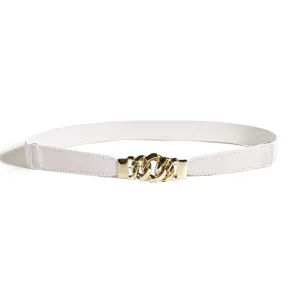 Gold chain buckle white elastic waist belt detail, minimalist women decorative dress accessory.