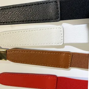 Elastic waist belt detail view, PU leather texture, stretch band in multiple colors.