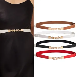 Women Fashion Elastic Waist Belt Faux Leather Thin Cinch Belt With Artificial Pearl Metal Buckle Dress Sweater Accessory