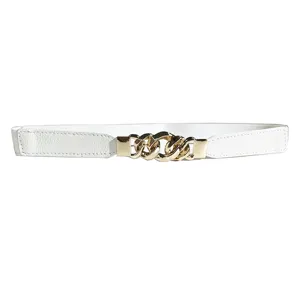 Women white elastic waist belt with stylish gold chain buckle for dress fashion accessory.