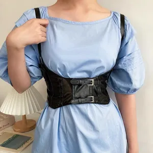 Zwarte punk korset riem met bretels en gespen, stijlvolle harnas tailleband voor vrouwen.