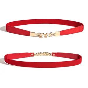 Red elastic waist belt for women with pearl metal buckle dress sweater for daily outfit