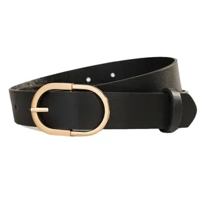 Women black leather belt with gold oval buckle casual waist belt for jeans main view shot