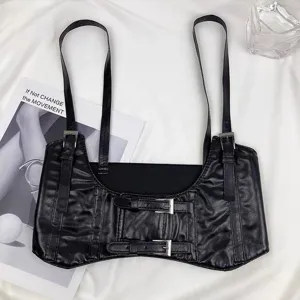 Zwarte punk kunstledzen korset riem met bandjes, flat lay hoofdafbeelding voor damesmode.