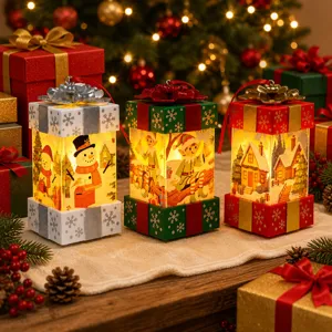 Glowing Christmas Gift Box LED Night Light Santa Snowman Deer Elf Pattern Wind Lantern PVC Ornament For Xmas Table Decoration