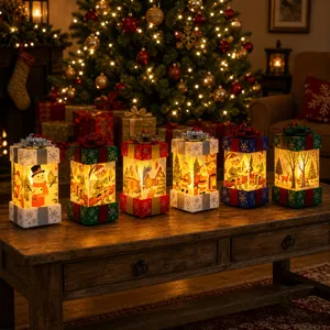 LED glowing Christmas gift box lanterns with festive snowman and Santa scene designs.