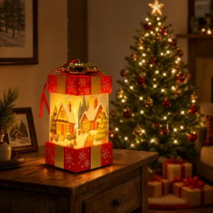 Christmas gift box LED light glowing winter village scene holiday home decor tabletop ornament