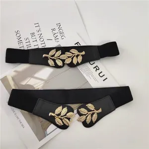 Ceinture élastique pour femmes avec boucle feuille d'or mode ceinture extensible pour robe
