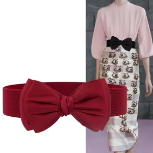 Women red elastic wide waist belt with large bow for dress and winter coat styling
