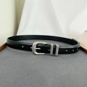 Women genuine leather belt vintage style silver buckle minimalist black belt for jeans 2.5cm