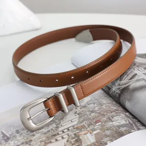 Brown women genuine leather belt with silver metal buckle, versatile casual jeans waist belt