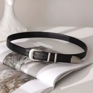 Classic black leather belt for women with vintage silver metal buckle, stylish daily wear.