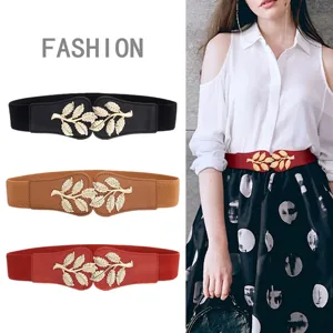 Ceinture Élastique de Mode pour Femmes Boucle Feuille Métal Ceinture Large Stretch Accessoires de Robe