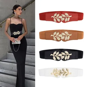 Ceinture élastique mode pour femme avec boucle métallique en feuille pour robe.