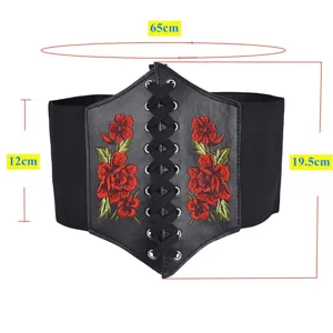 Cintura corsetto larga in pelle nera vintage da donna con ricamo di rose rosse vista principale