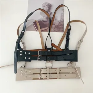 Cintura corsetto in pelle a doppia cinghia stile punk da donna, imbracatura PU per cappotti.