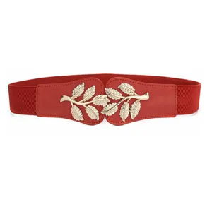 Ceinture elastique femme rouge boucle feuille or accessoire robe 3.8cm de large