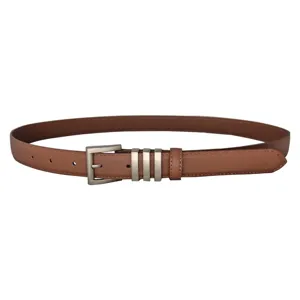 Women's brown genuine leather belt with stylish silver pin buckle and chic metallic loops.