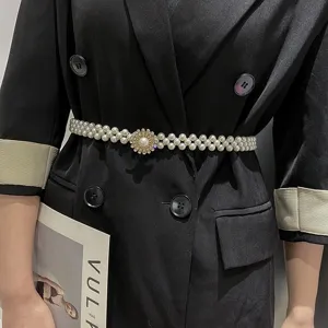 Women pearl waist belt elastic stretch rhinestone flower buckle dress suit waist chain