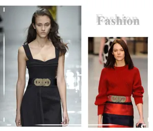 Vintage wide elastic waist belt for women, fashion retro double buckle dress coat accessory.