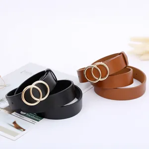 Stylish women's PU leather belt with classic double-ring metal buckle for casual jeans wear.