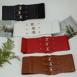 Wide elastic cinch belt for women, vintage stretch waist band with metal buckle decor for dress.