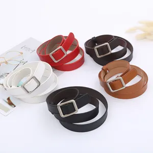 Stylish women PU leather belt with square metal buckle for jeans and daily wear.