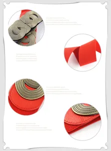 Red elastic wide waist belt with vintage metal buckle, fashionable dress and coat accessory.
