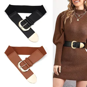 Women vintage wide elastic belt with gold metal pin buckle stylish dress coat waistband