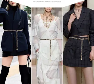 Stylish metal chain belt for women, perfect for dresses, sweaters, and blazers. Chic waist accessory.