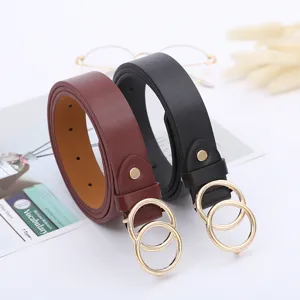 Women PU leather belt with stylish double round metal buckle casual jeans belt black brown