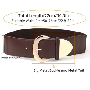 Detailed view of the vintage wide elastic belt featuring a gold metal buckle and tail.