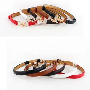 Women thin leather dress belt detail view, stylish metal clasp waist accessory for coat suit.