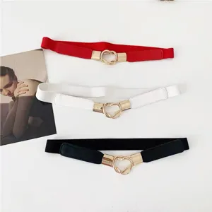 Women elastic skinny waist belt fashion metal heart buckle dress coat versatile accessory