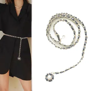 Elegant leather interwoven chain belt with pearl flower pendant for women dresses and sweaters.