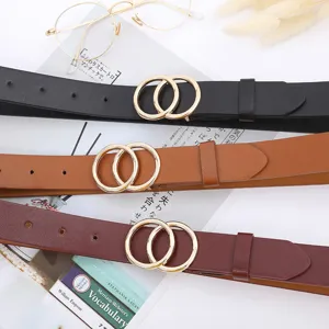 Fashion PU leather belt with stylish double round metal buckle for women denim jeans