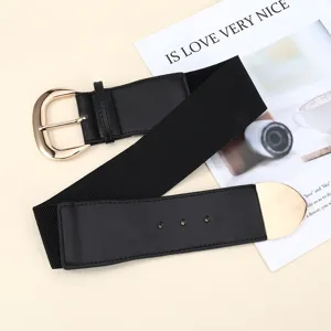 Stylish retro womens wide elastic belt with gold metal pin buckle for coat dress decor