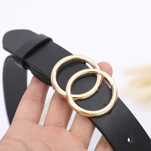 Korean style fashion double round buckle black PU jeans belt versatile waistbelt for women