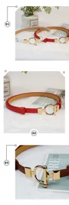 Women thin PU leather dress belt with chic gold metal O-ring toggle clasp for summer.