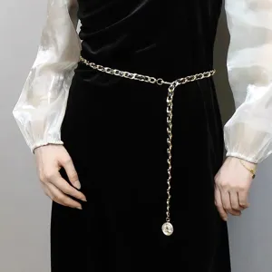 Chic interwoven chain belt for women, elegant metal leather waist accessory for dresses and sweaters.