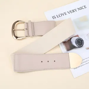 Fashion vintage women's wide elastic belt with gold metal buckle, stylish waist cinch accessory
