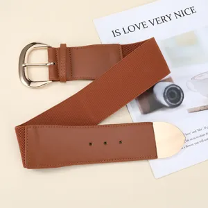 Women wide elastic belt vintage metal buckle waist cincher stylish retro dress accessory.