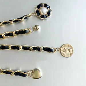Chic leather interwoven gold chain belt with pearl camellia flower pendant for women dresses
