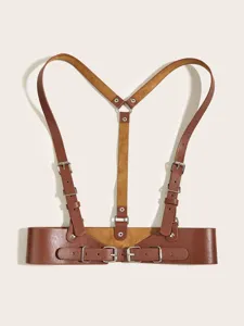 Donna marrone pelle corpo imbracatura cintura vita punk corsetto cintura con fibbie regolabili.