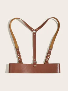 Imbracatura in pelle stile punk da donna, cintura marrone alla moda con fibbie in metallo regolabili.