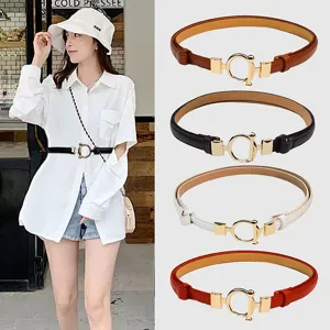 Minimalist PU Leather Thin Waist Belt For Women Chic Metal OT Buckle Adjustable Dress Belt Fashion Accessories